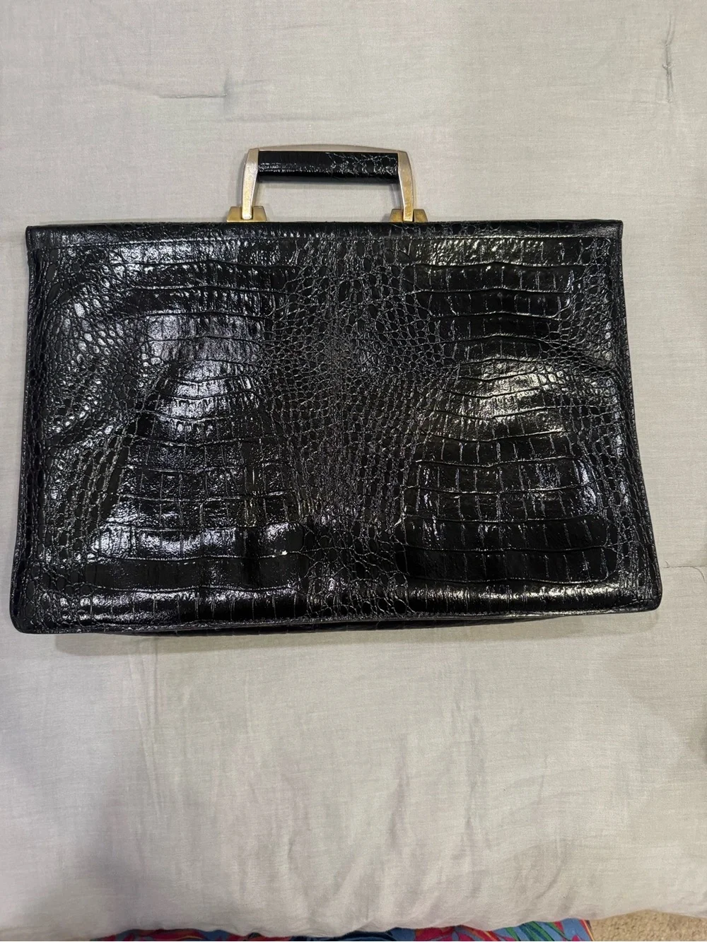 Vintage Black Croc-leather Structured Briefcase with Gold Hardware